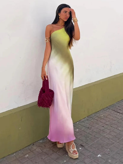 🍒Summer party maxi dress backless satin one shoulder occasion party wear sundress sleeveless print tie-dye outfit Keep A Straight Pose In This Cool Diagonal