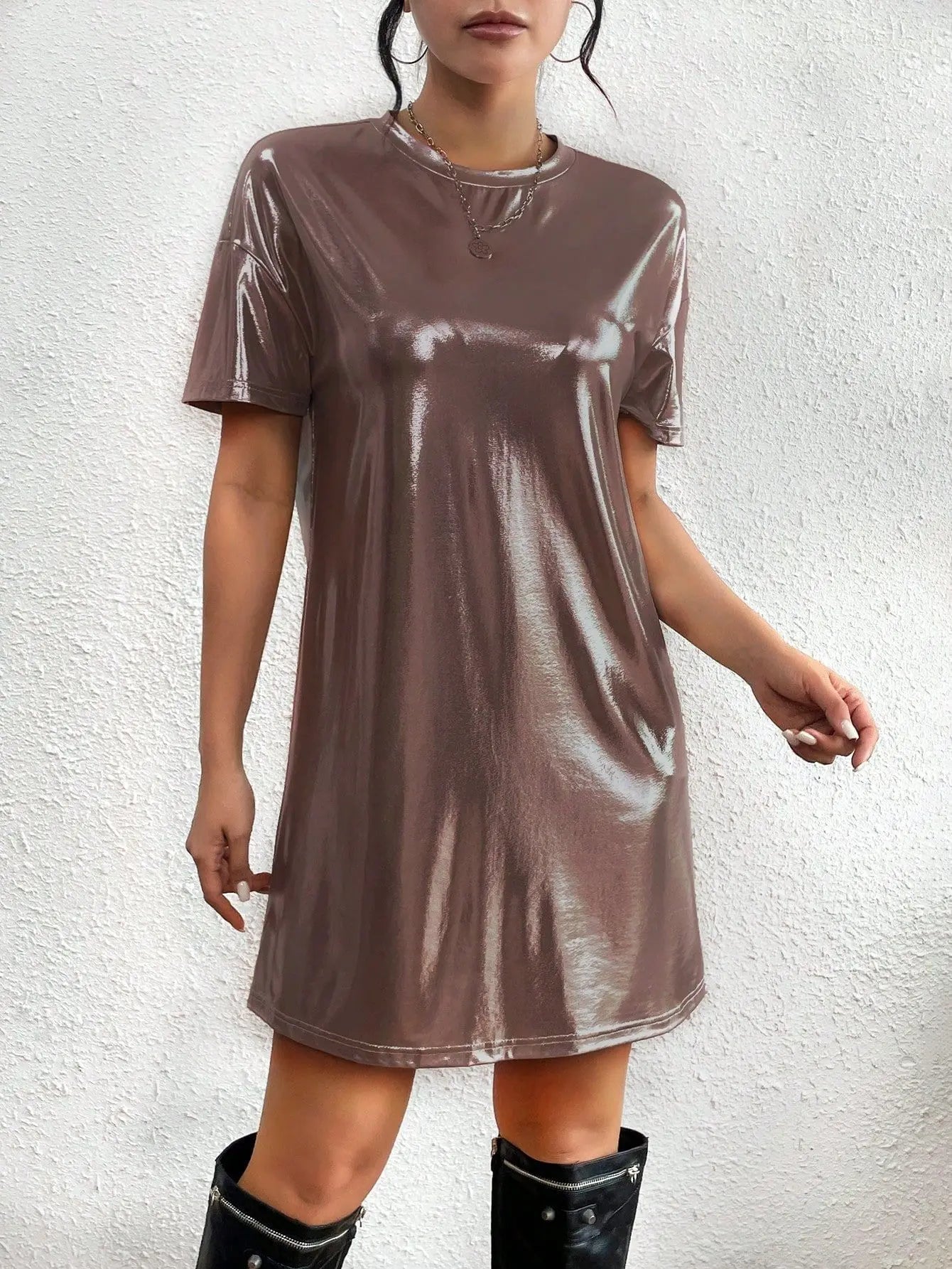 🍒Shiny t-shirt dress trendy o-neck outfit short-sleeved mini dress loose tee club wear party wear holiday wear beach party clothes Save Your Silvers keep Your Coppers