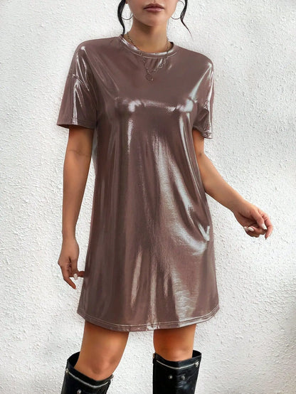 🍒Shiny t-shirt dress trendy o-neck outfit short-sleeved mini dress loose tee club wear party wear holiday wear beach party clothes Save Your Silvers keep Your Coppers