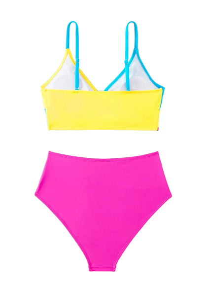🍒Patchwork two piece swimsuit for women high waist bikini v-neck adjustable suspender type spaghetti strap backless swim set summer beach Vacation Swimwear  Drink Fruities In Your Fruity