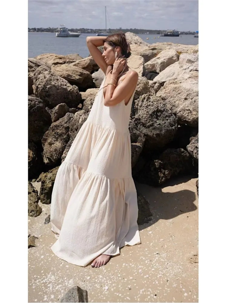🍒Womens casual long dresses spring double v neck backless summer dress loose sling outfit beach wear holiday wear maxi fashion Fashionably Fancy