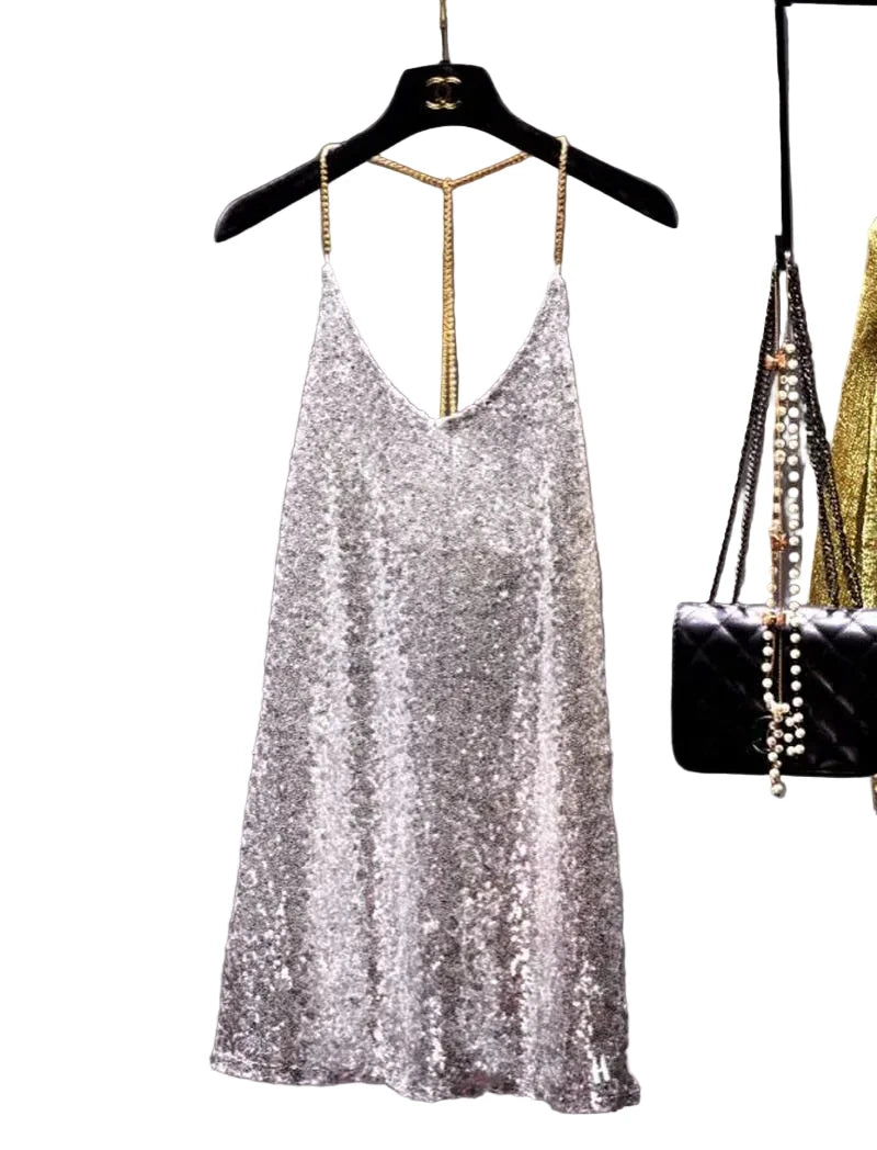 🍒Party dress with metal straps for womens sequin outfit with hanging neck back chain Long Render In backless sleeveless dress nightclub party occasion wear You Will Be Melted When You Get This Molton