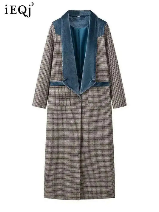 🍒Plaid coat long women colour block outerwear lapel wool coat long sleeve loose single button smart casual outdoor female fashion mixed media clothing CHECK Out Your VELVET its SOLID Quality