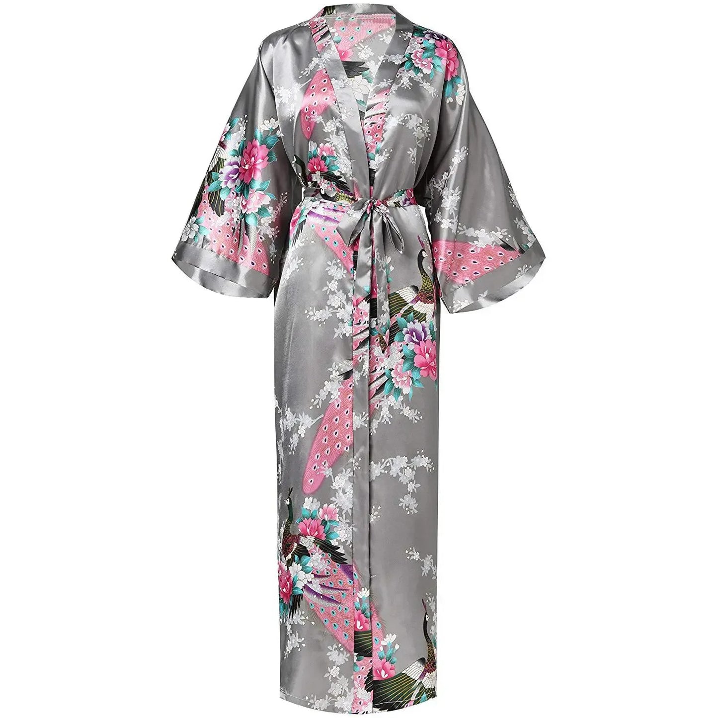 🍒Satin robe women plus size  with flowers peacock print kimono lounge gowns for women bride bridesmaid wedding bathrobe silky nighrwear Sittin' Satin Style