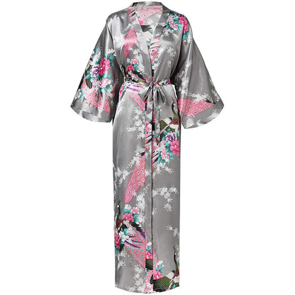 🍒Satin robe women plus size  with flowers peacock print kimono lounge gowns for women bride bridesmaid wedding bathrobe silky nighrwear Sittin' Satin Style