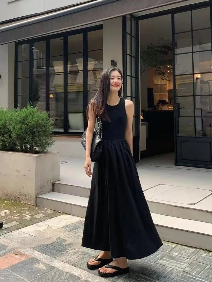 🍒Long dresses high waist summer round neck maxi dress sleeveless women fashion simple style elegant long black outfit smart casual wear