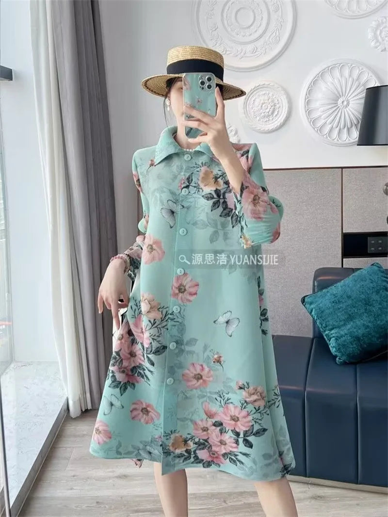 🍒Evening dresses  holiday fashion printed  spring/summer outfits floral pleated long dress loose fit a-line smart casual clothing women