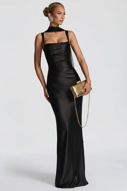 🍒Satin backless sleeveless long dress satin maxi outfits for women spaghetti straps lace-up back bodycon club wear party occasion clothing  Kool kiwi