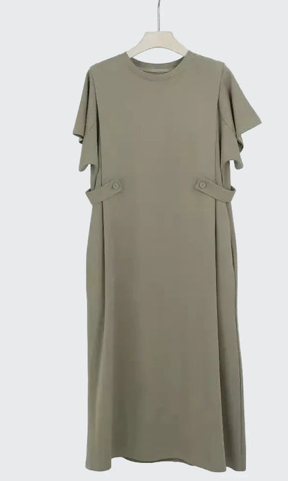 🍒Relaxed fit women’s dress with side pockets lazy style short sleeve outfit for summer loose slimming round neck dress with pockets and button waist tabs a-line plus size fashion  Longline Loosy Love
