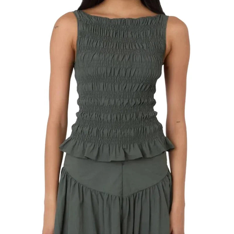 🍒Women Y2K smocked shirred tank top sleeveless crew neck frill ruffle crop top ruched pelpum going out tops party clubwear