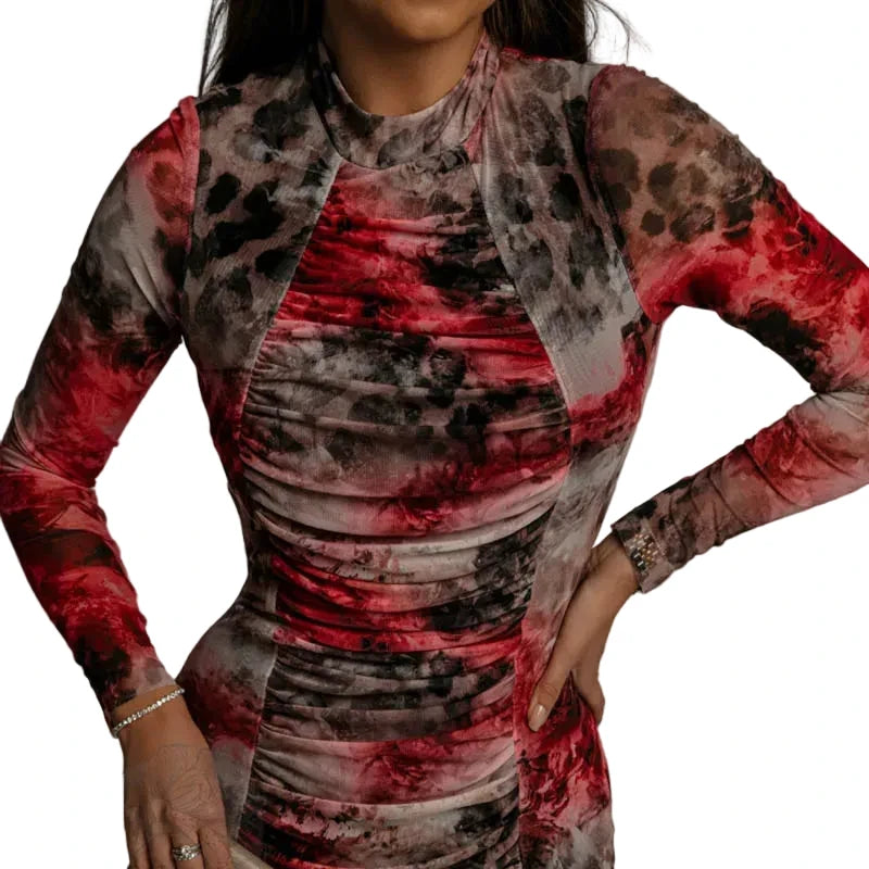 🍒Printed mesh long dress women party wear multicolour outfit fold design slim fit long sleeve maxi o-neck occasion wear party wear outfit Drooly Drape