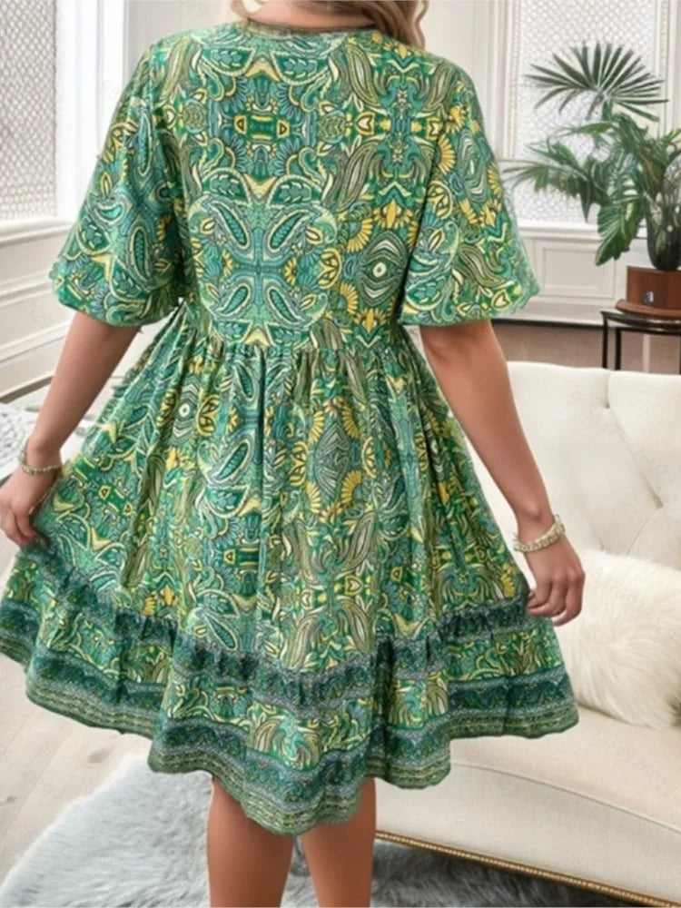 🍒Summer boho floral dress printed outfit for women fashion outfit v-neck short sleeve holiday wear casual loose clothing beach wear Boho Beau Boo