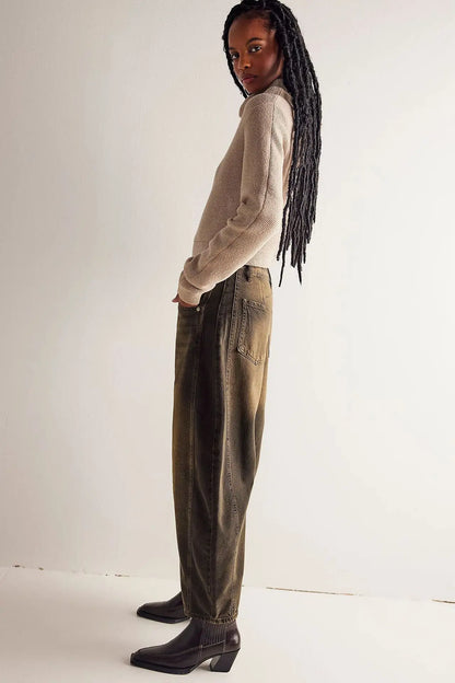 🍒Loose mid waist Jeans bleached denim style full length pants fashion solid colour trousers with pockets casual wear for women Barrels Of Style