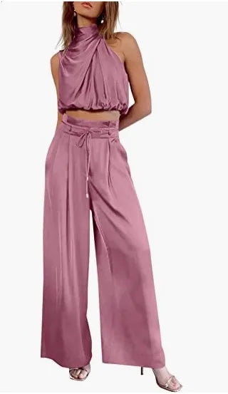 🍒Two piece pant sets for women open navel outfit silky sleeveless tops and wide leg trousers smart casual clothing summer fashion wear club wear party occasion wear 2 piece Sets pop this CROP and get SET for WIDE approval