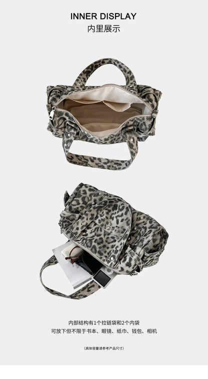 🍒Vintage leopard handbag rivet bag motorcycle barrel shaped crossbody bag boston casual female shoulder fashion totes  Jump On This Animal Its Barrels Of Fun