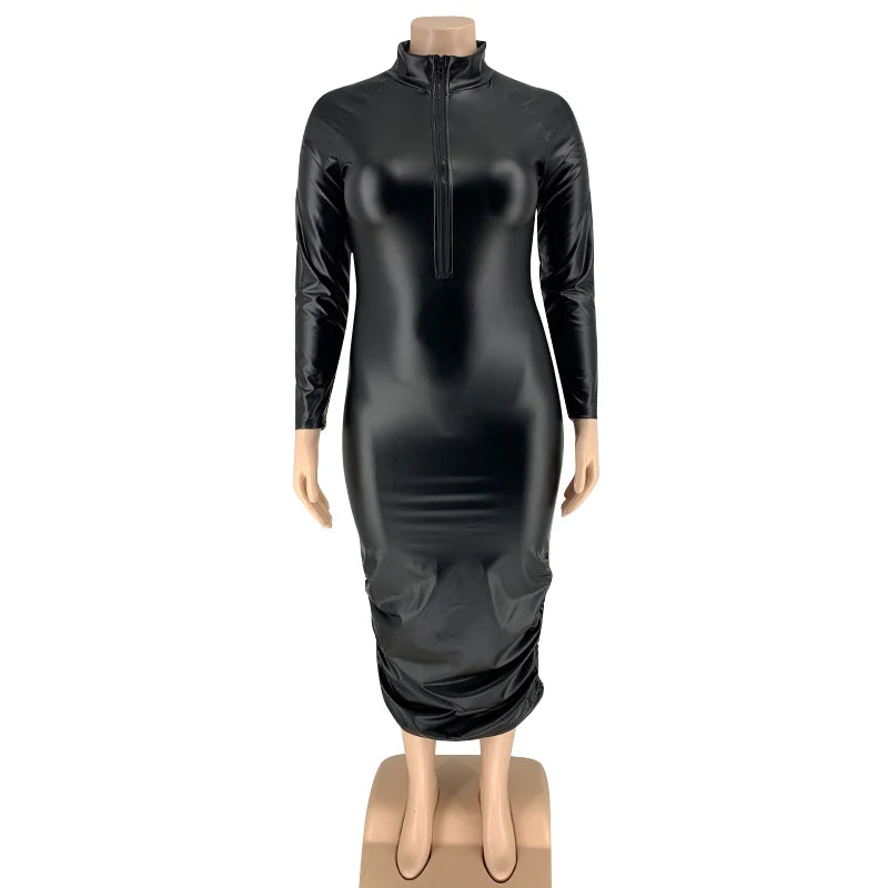 🍒Leather plus size dress black for Women long sleeve pu outfit zip up stretch elegant maxi dresses bodycon fashion occasion partywear Polish Up Pu