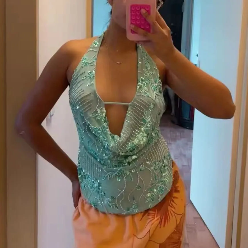🍒Glitter sequin tops women y2k outfit fashion deep v-neck crop top backless draped front blouse beach top