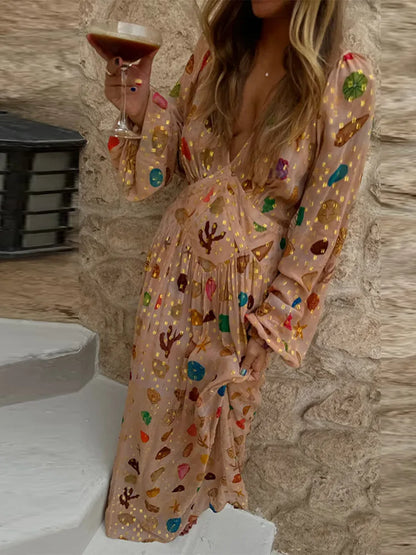 🍒Mesh maxi dress printed for women v-neck long Sleeve drapey maxi outfit boho summer party clothing occasionwear dresses This diamond Is Gold
