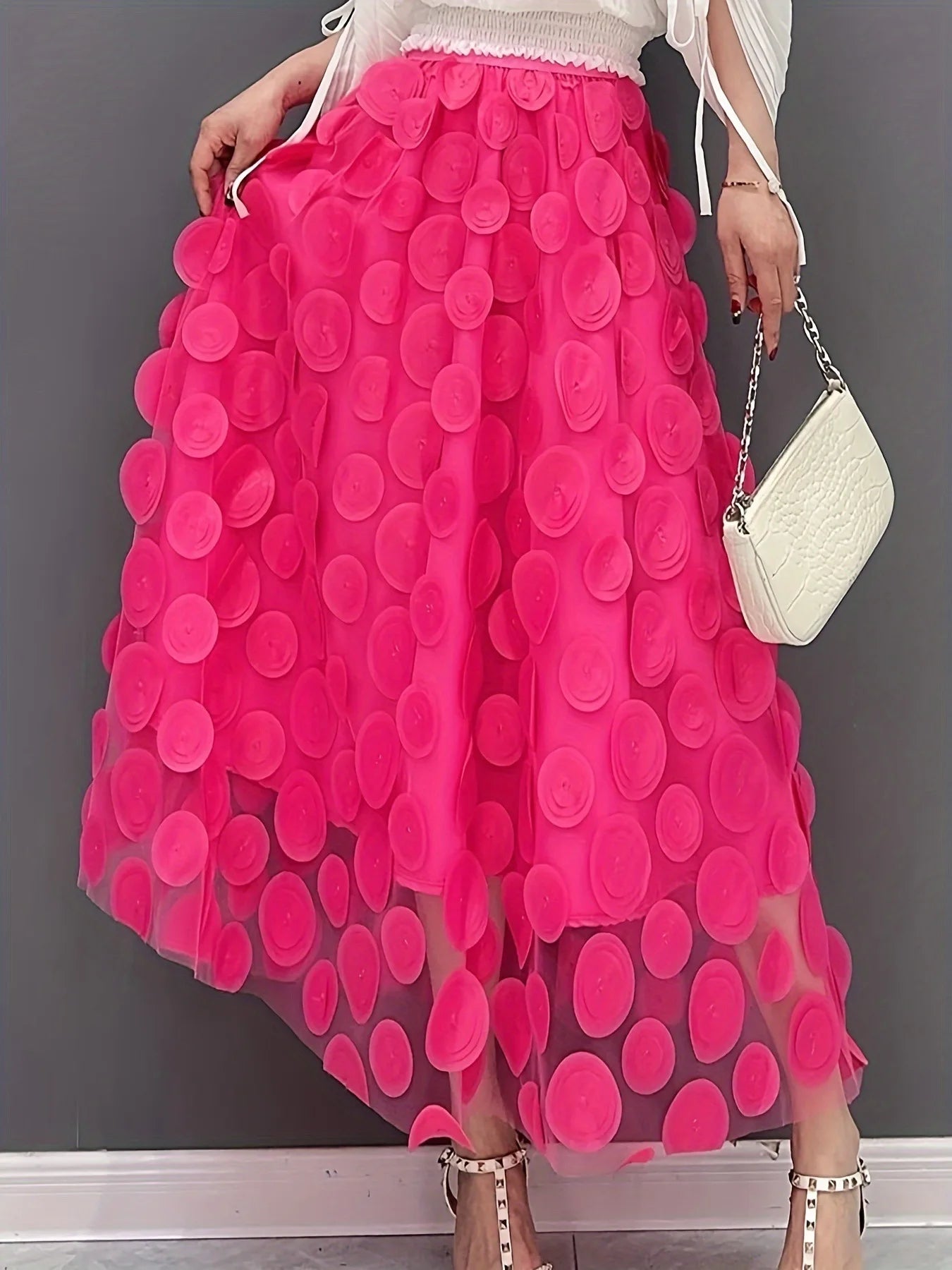 🍒Womens polka dot 3D design tulle mesh skirt retro elastic waist long length a-line occasion wear beach party wear street fashion feminine street wear You Will Be Dotty About These Spots