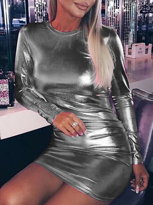 🍒Faux leather bodycon dress fitted solid colour shiny pu patent  outfit shiny slim long sleeves solid colour fitted skinny club party occasion wear Future Fave