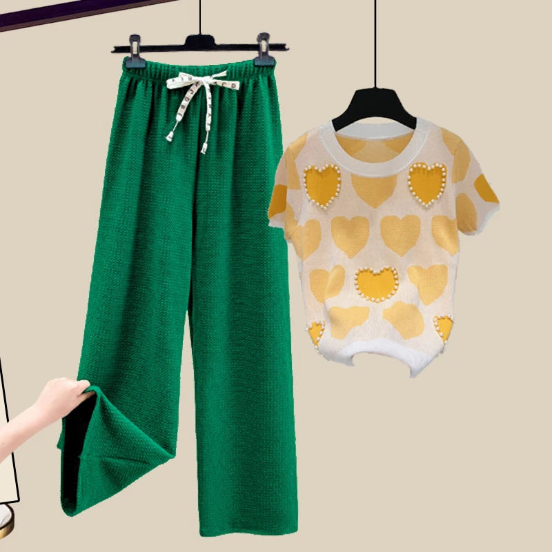 🍒Two piece set suit chic knit t-shirt with love heart top women  and casual wide leg pants sets elegant casual clothing home wear clothes  Love This Set