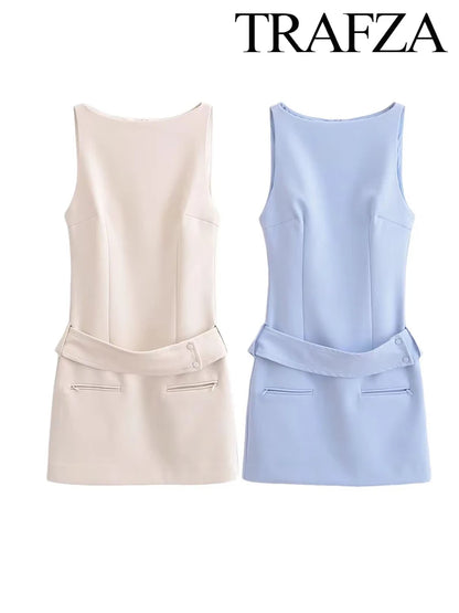 🍒Women's summer solid mini dress sleeveless round neck elegant short outfit smart casual women vintage style clothing Sweet Shortie