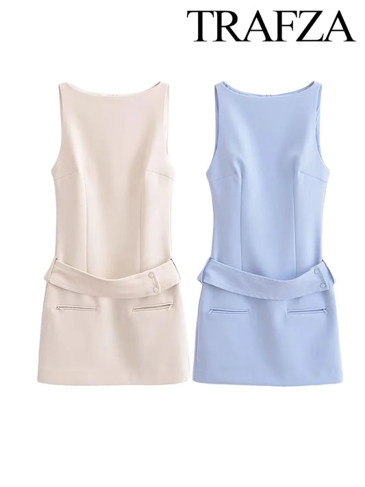 🍒Women's summer solid mini dress sleeveless round neck elegant short outfit smart casual women vintage style clothing Sweet Shortie