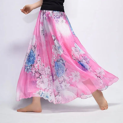 🍒Vintage bohemian long skirt full elegant chiffon fashion beach wear smart casual women high waist maxi skirt outfit summer Clothing Fill Your Basket With Roses
