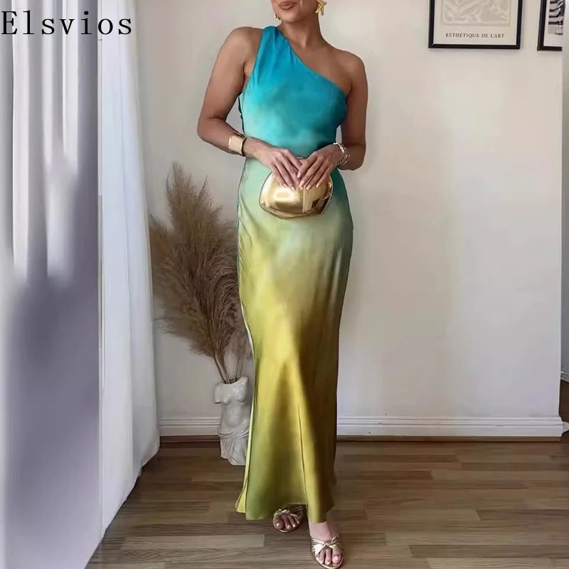 🍒Gradient dress women one shoulder dress maxi backless gown with design straps occasion party wear sleeveless outfit high waist evening wear Get Sunset Ready