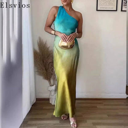 🍒Gradient dress women one shoulder dress maxi backless gown with design straps occasion party wear sleeveless outfit high waist evening wear Get Sunset Ready