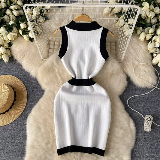🍒knitted mini dress bodycon  sleeveless outfit shirt dress smart casual knitwear women summer fashion
