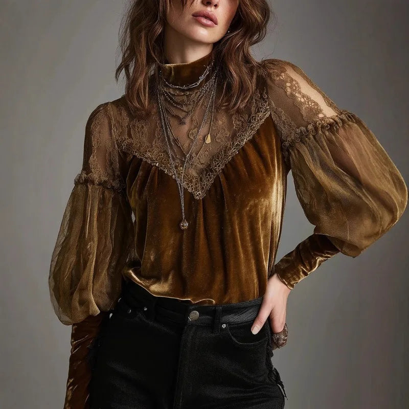 🍒Velvet shirt for women fashion long-sleeve turtleneck chiffon top vintage blouses for ladies retro puff sleeves mesh tops occassion partywear clothimg CHIFFON To Vint-ricate Vibing VELVET