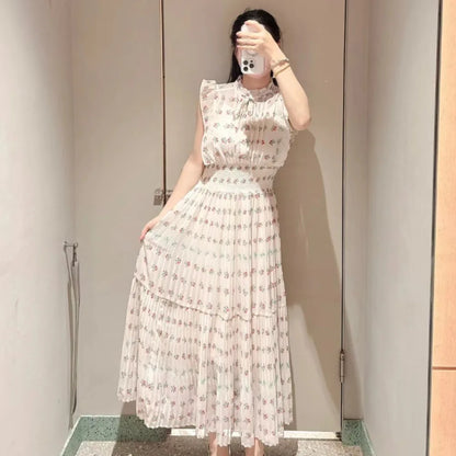 🍒Mid-length dresses for women printed high waisted outfit gentle literary pleated slim exquisite outfit smart casual flloral clothing