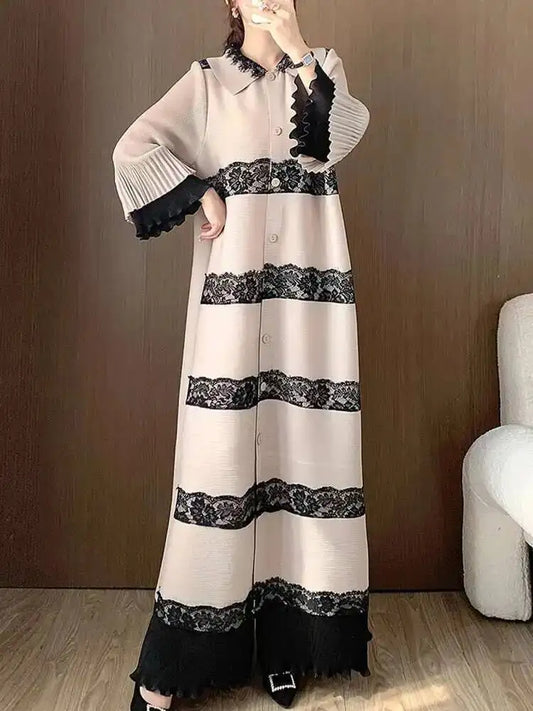 🍒Pleated lace dress with lapels flared sleeve single breasted outfit long elegant midaxi fashion wears smart casual clothing women partywear occasion wear
