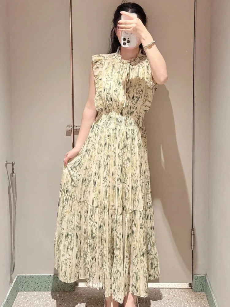 🍒Mid-length dresses for women printed high waisted outfit gentle literary pleated slim exquisite outfit smart casual flloral clothing