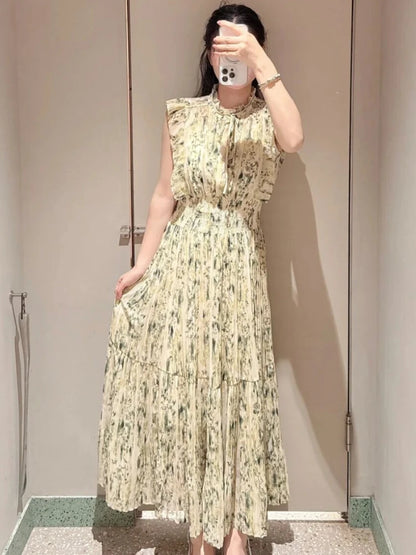 🍒Mid-length dresses for women printed high waisted outfit gentle literary pleated slim exquisite outfit smart casual flloral clothing