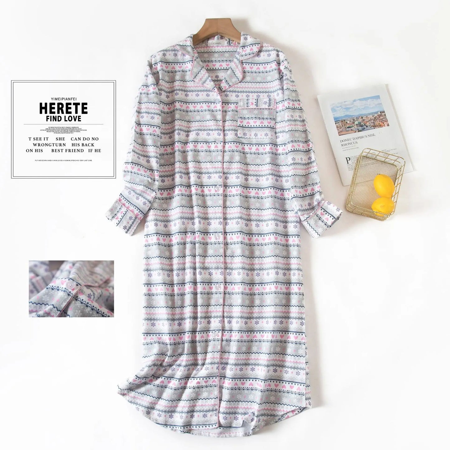 🍒pyjama nightie autumn and winter nightwear for women cotton flannel sleep shirt long sleeve nightshirt button down sleepdress No Flannel Flannel