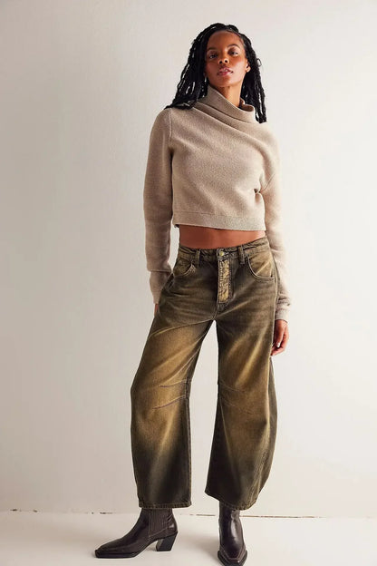 🍒Loose mid waist Jeans bleached denim style full length pants fashion solid colour trousers with pockets casual wear for women Barrels Of Style