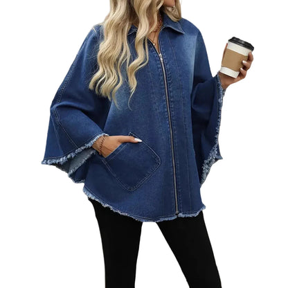 🍒Denim jacket women y2k pocket coat zipper poncho with turn down collar batwing sleeves  outerwear loose casual BAT For The DENIM team And WINg