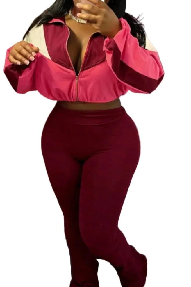 🍒Colour block 2 piece set outfit casual zipper tops women drawstring crop top plus high waist flare pants suit summer autumn fashion activewear outfits Lounge Lovely Kick Cumfy Or Fit Colour Into Your Keep Fit