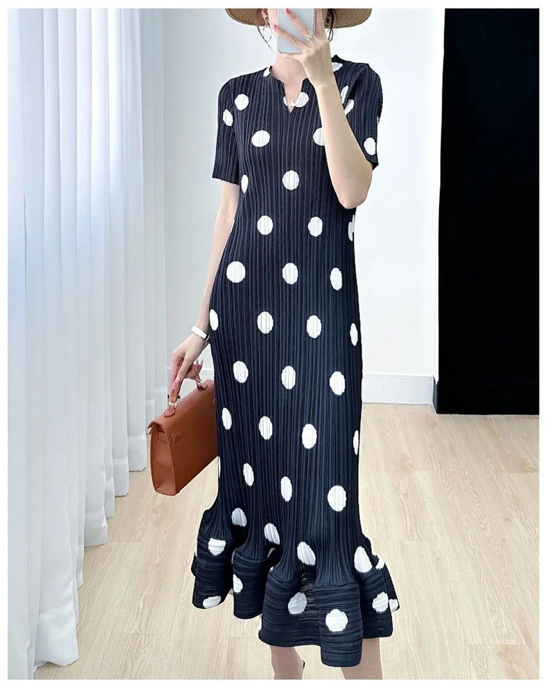 🍒Womens dresses evening summer ladies clothing with polka dots v-neck high end clothes loose pleated  Dont Delay Dart for Dots