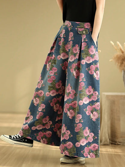 🍒Wide leg jeans loose elastic high waisted printed denim jeans for women summer wide leg trousers ladies Jeans plus size Toss On Your Tough Petals