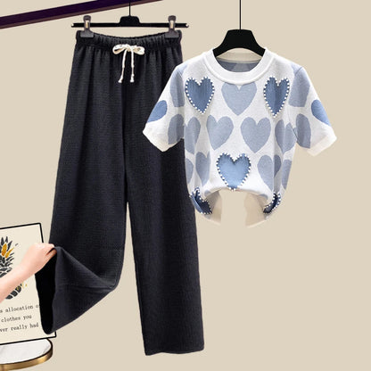 🍒Two piece set suit chic knit t-shirt with love heart top women  and casual wide leg pants sets elegant casual clothing home wear clothes  Love This Set