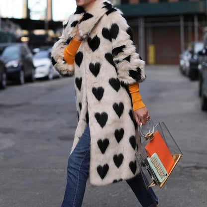🍒Fashion versatile heart print faux fur coat long winter women plush warm Integrated furs coats Warm Hearting Fashion