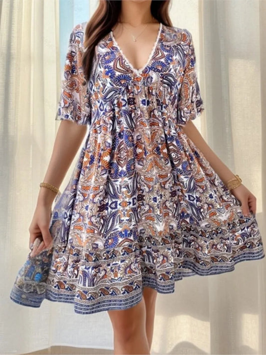 🍒Summer boho floral dress printed outfit for women fashion outfit v-neck short sleeve holiday wear casual loose clothing beach wear Boho Beau Boo