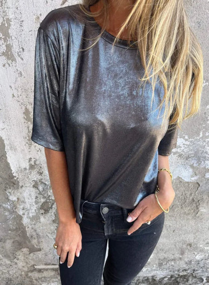 🍒Metalic loose top shiny short sleeve tee womens special occasion tops gold t-shirt o-neck fashion smart casual ladies clothes  Top 'Talic Tee