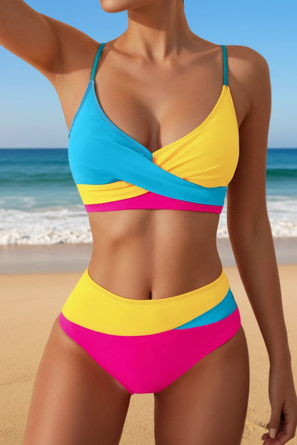 🍒Patchwork two piece swimsuit for women high waist bikini v-neck adjustable suspender type spaghetti strap backless swim set summer beach Vacation Swimwear  Drink Fruities In Your Fruity