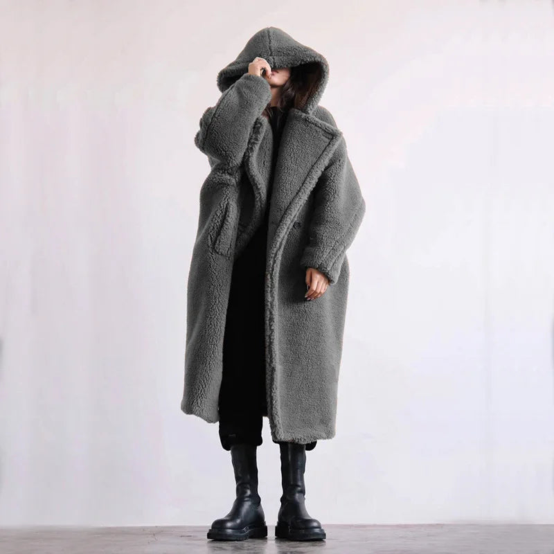 🍒Womens faux fur coat hooded midi lapel collar coat turn down collar coat colourful outerwear fashion open stitch elegant Warm thick autumn winter wear Feel Like A Bear In A Teddy