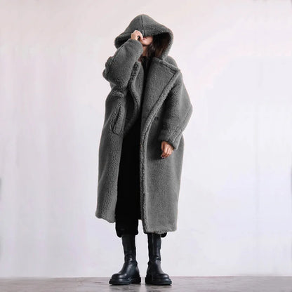 🍒Womens faux fur coat hooded midi lapel collar coat turn down collar coat colourful outerwear fashion open stitch elegant Warm thick autumn winter wear Feel Like A Bear In A Teddy