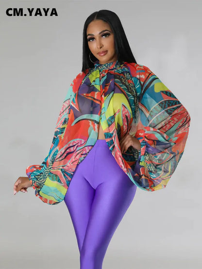🍒Colourful chiffon blouses plus size printed front split blouse fashion batwing loose fitting see though top with puff sleeves party night club blouses shirt for women OPEN Up Your Armoire to A Cool BLOUSE